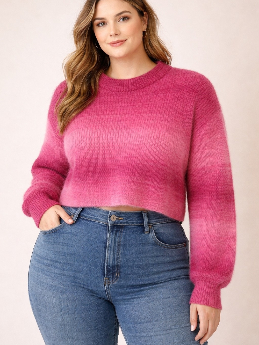 Pink Ombre Cropped Crewneck Sweater - Unknown Brand